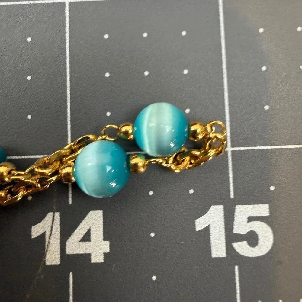 Blue Cats Eye Bead Necklace Gold Tone Link Chain Long Layered Strand Retro